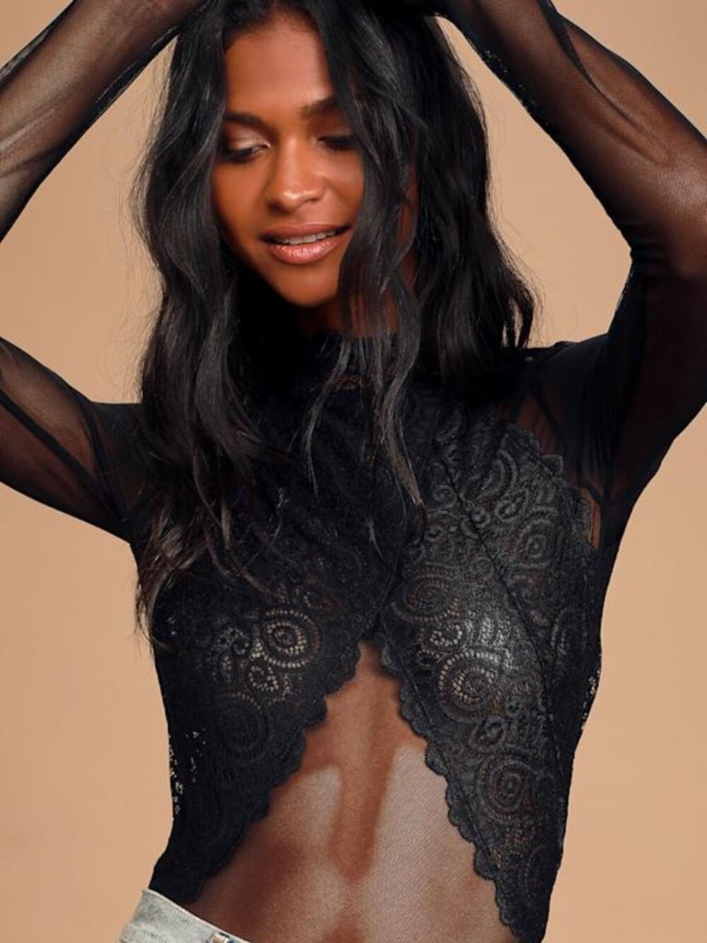 Lulus Show Stopping Black Sheer Lace Long Sleeve Bodysuit - Size S